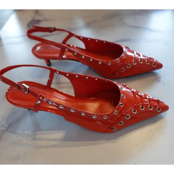 Schutz Womens Ruth Mid Pump Size 8 Red Patent Slingback Kitten Heel Pointed Toe - Picture 8 of 10
